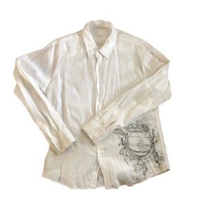 BKE Slim Fit White Button Down Long Sleeve LINEN Dress Shirt Sz. XL Graphics